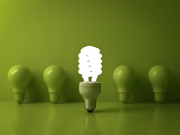 Eco energy saving light bulb , one glowing compact fluorescent lightbulb standing out from unlit incandescent bulbs reflection on green background , individuality and different concept . 3D render