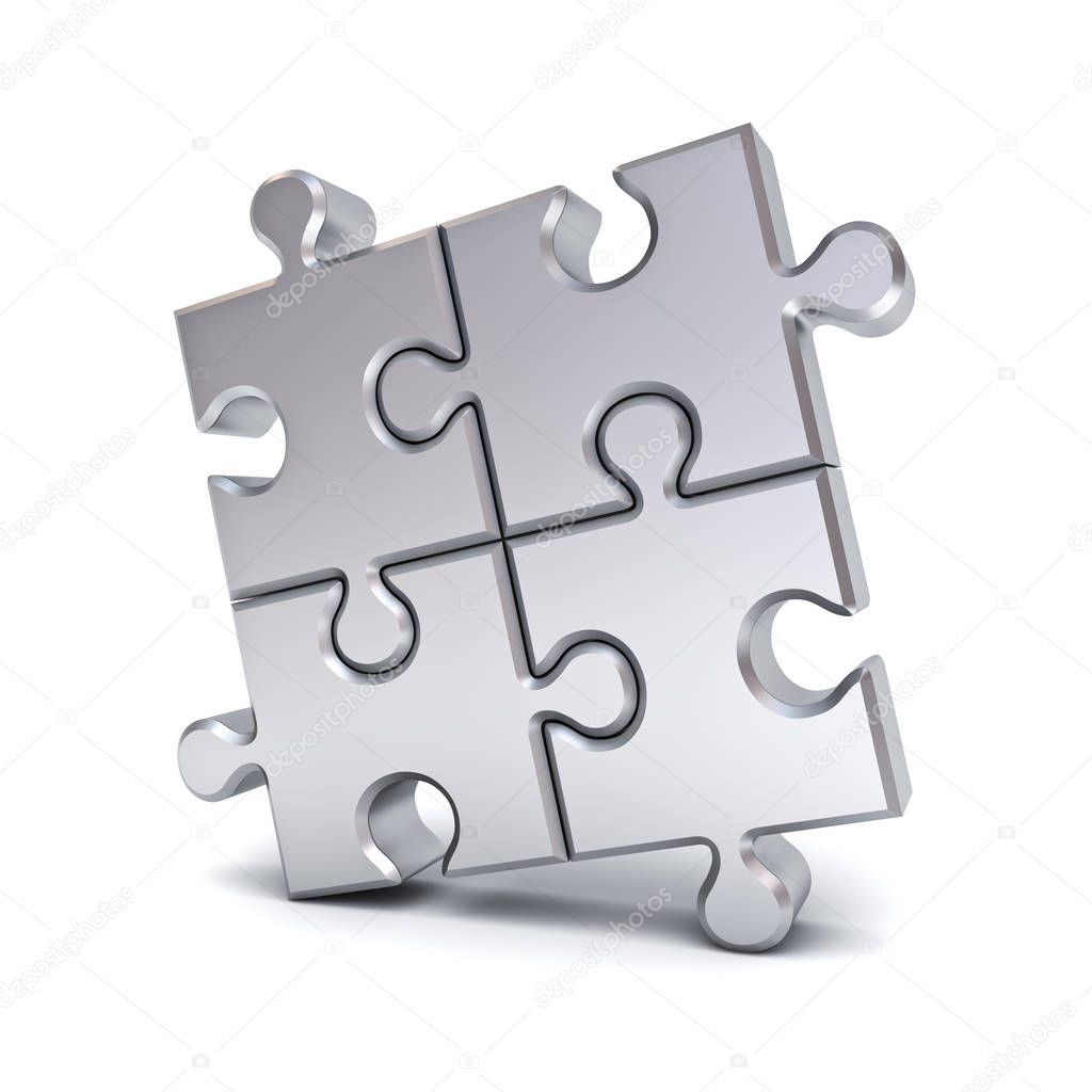 Metallic chrome jigsaw puzzle pieces isolated on white background with shadow. 3D render