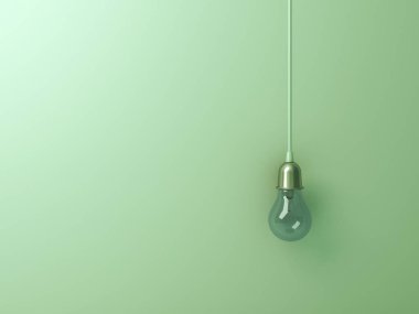 Bir asılı akkor ampul yeşil duvar zemin boşluk, yaratıcı fikir kavramı üzerine kapatın. 3D render