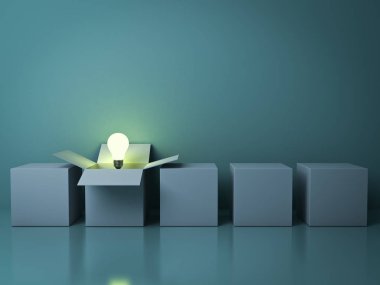 Stand out from the crowd different creative idea concepts , One white opened box with idea light bulb glowing among close square boxes on green background in the row with reflections . 3D render clipart