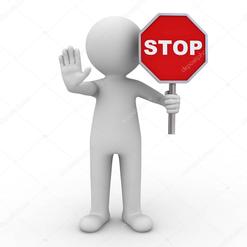 3d man showing stop gesture and holding stop sign over white background with shadow . 3D render