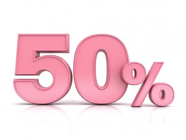 3D pembe yüzde elli veya özel teklif % 50 indirim etiketi Bayan, erkek, kadınlar için gölge ve yansıma ile beyaz arka plan üzerinde izole gün anne. 3D render