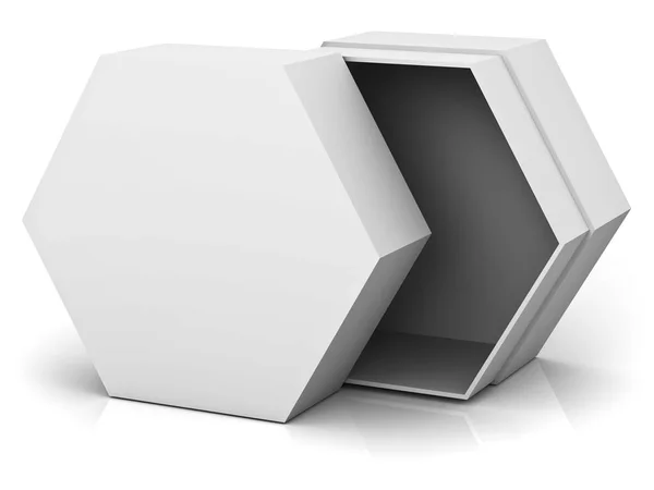 Caixa de hexágono aberta com tampa em branco isolada sobre fundo branco com reflexão e sombra — Fotografia de Stock