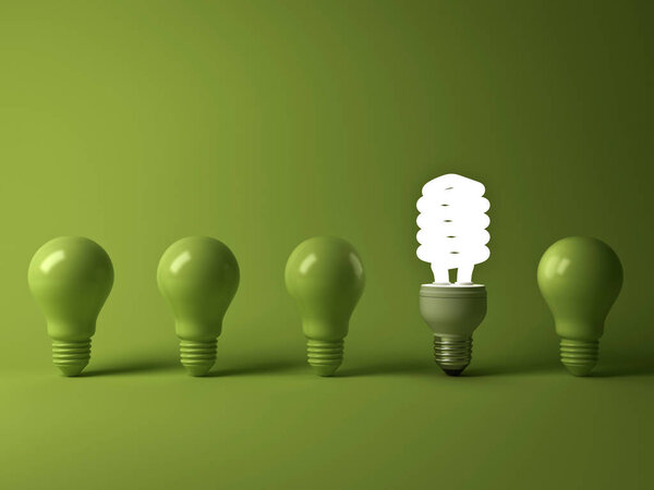 Eco energy saving light bulb , one glowing compact fluorescent lightbulb standing out from unlit incandescent bulbs reflection on green background , individuality and different concept . 3D render