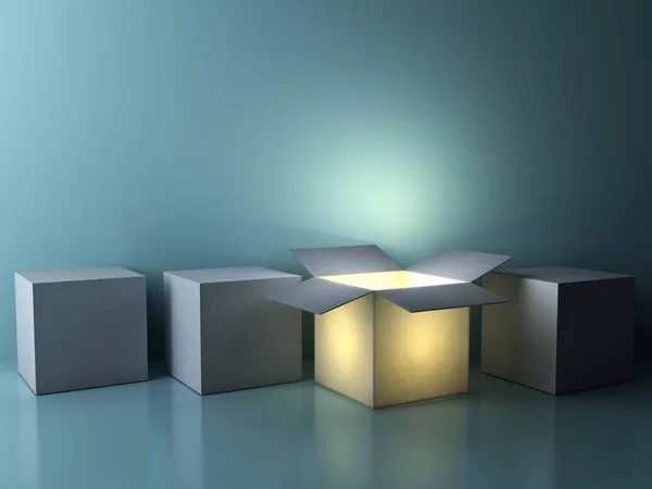 Heben sich von der Masse ab, verschiedene kreative Ideenkonzepte, eine leuchtend geöffnete Schachtel leuchtet zwischen geschlossenen weißen quadratischen Schachteln auf dunkelgrünem Hintergrund mit Reflexionen und Schatten — Stockfoto