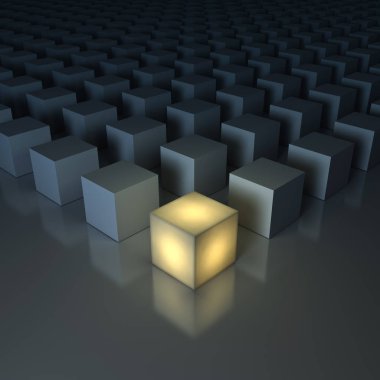 Kalabalık, farklı yaratıcı fikir, liderlik kavramları, bir parlak sarı ışık küp yansımaları ve gölgeler ile koyu gri arka plan üzerinde loş küpleri arasında göze çarpıyor. 3D render