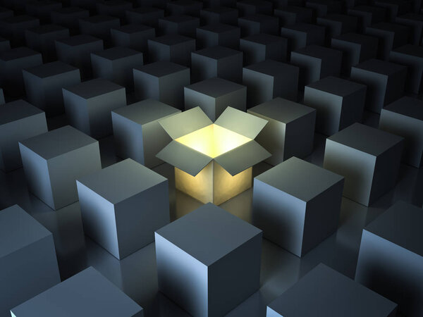 Выделиться из толпы, различные творческие идеи концепции, один светящийся открытый светящийся светильник светится среди закрытых белых квадратных коробок на темном фоне с отражениями и тенями 3D рендеринг
