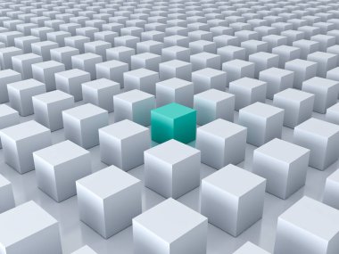 Stand out from the crowd and different creative idea concepts , One green cube amongs other white cubes on white background with reflections and shadows . 3D render clipart