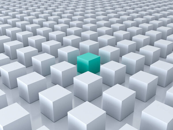 Один зеленый куб выделяется среди других белых кубиков на белом фоне с отражениями и тенями. 3D рендеринг
