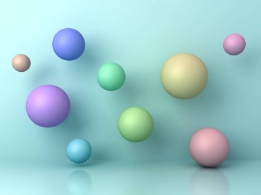Soyut renkli 3d uçan küreler yansıma ve gölgeler ile mavi arka plan üzerinde. 3D render