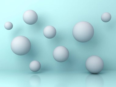 Soyut beyaz 3D küreler yansıma ve gölgeler ile mavi arka plan üzerinde uçan. 3D render
