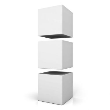 Boş 3d kutuları veya küpleri yansıması ile izole üzerinde beyaz arka plan ayakta. 3D render