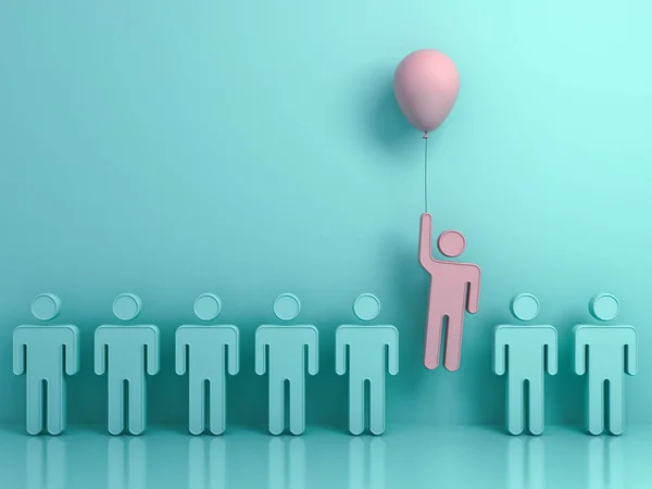 Ξεχωρίστε από το πλήθος και η διαφορετική αντίληψη, ένας άνθρωπος που φέρουν προς τα πάνω με ροζ μπαλόνι έξω από άλλους ανθρώπους πράσινο σε ανοιχτό πράσινο φόντο με αντανακλάσεις και σκιές. 3D καθιστούν — Φωτογραφία Αρχείου