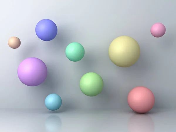 Astratto colorato 3d sfere volanti su sfondo grigio con riflesso e ombre. Rendering 3D — Foto Stock