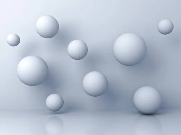 Esferas 3D voladoras blancas abstractas sobre fondo blanco con reflejo y sombras. Renderizado 3D — Foto de Stock