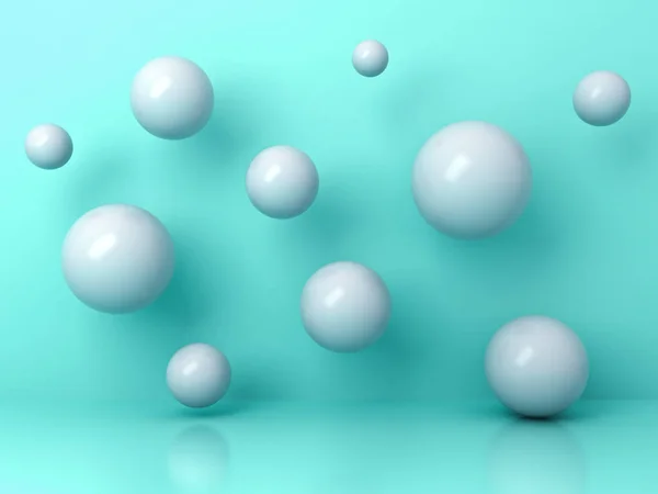 Esferas 3D voladoras blancas abstractas sobre fondo cian con reflexión y sombras. Renderizado 3D — Foto de Stock