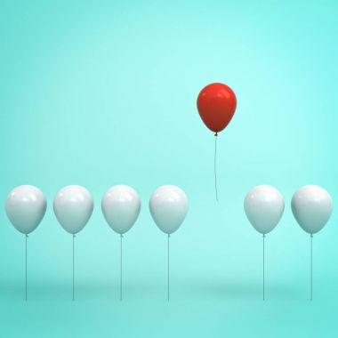 Kalabalık ve farklı kavram, yansımaları ve gölgeler ile açık yeşil pastel renk arka plan üzerinde uzak diğer beyaz balonlar havada uçan bir kırmızı balon öne. 3D render