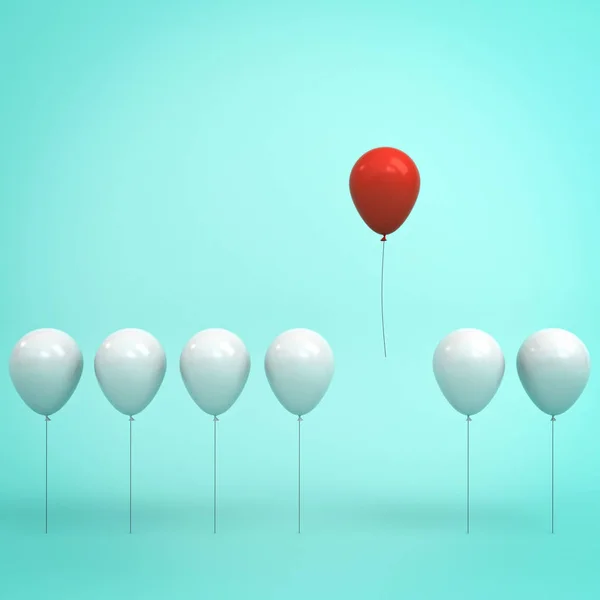 Kalabalık ve farklı kavram, yansımaları ve gölgeler ile açık yeşil pastel renk arka plan üzerinde uzak diğer beyaz balonlar havada uçan bir kırmızı balon öne. 3D render — Stok fotoğraf