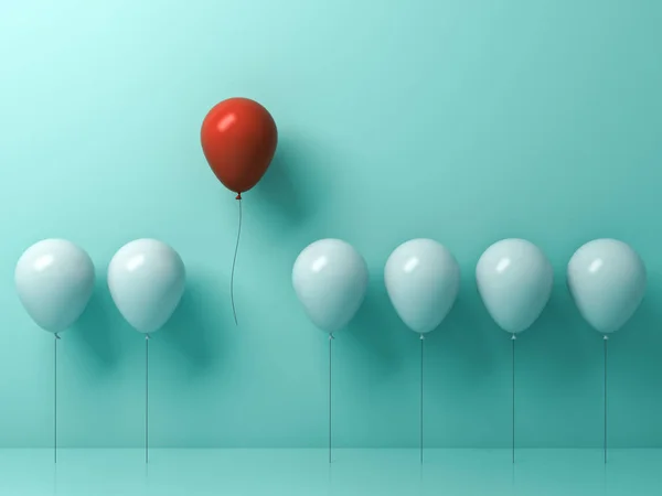 Destaque-se da multidão e conceito diferente, Um balão vermelho voando para longe de outros balões brancos no fundo de parede de cor pastel verde claro com reflexos e sombras. Renderização 3D — Fotografia de Stock