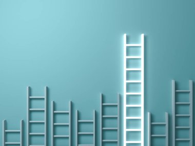 Stand out from the crowd and different creative idea concepts , Longest ladder glowing among other short ladders on light green background with shadows . 3D render clipart