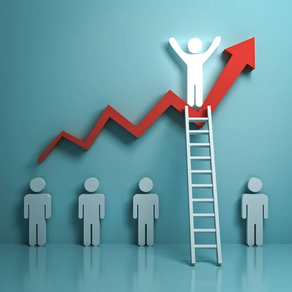 Stand out from the crowd and different concept , One glowing light man climbing ladder to standing on top of growth graph chart on light green background with reflections and shadows . 3D render — Stock Photo, Image