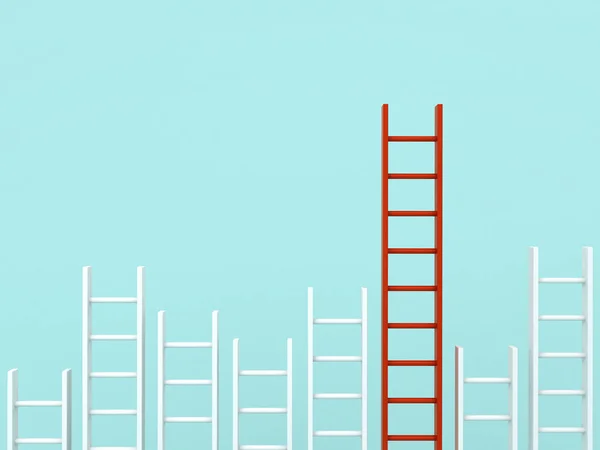 Heben sich von der Masse und verschiedenen kreativen Ideenkonzepten ab, längste rote Leiter neben anderen kurzen weißen Leitern auf hellgrünem Pastellhintergrund. 3D-Darstellung — Stockfoto