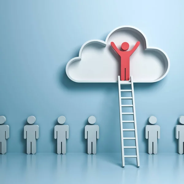 Stand out from the crowd and different concept , One man standing with arms wide open in the cloud with ladder above other people on light blue pastel color background with reflection . 3D rendering — Stock Photo, Image