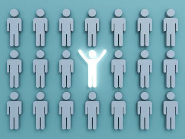 Kalabalık ve farklı kavram, parlayan ve kollarını loş başkalarını açık yeşil pastel renk arka plan gölgeler arasında açık duran bir ışık adam göze çarpıyor. 3D render