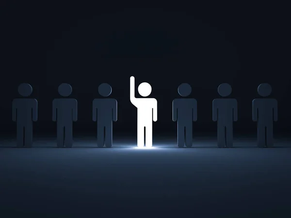 Stand out from the crowd and different concept , One glowing light man raising his hand among other dim people in the row on dark blue background with shadows . 3D render — Stock Photo, Image