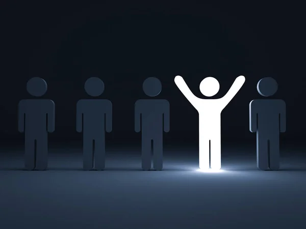 Stand out from the crowd and different creative idea concepts , One glowing light man standing with arms wide open among other people in the row on dark blue background with shadows . 3D render — Stock Photo, Image