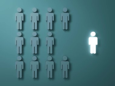 Stand out from the crowd and different creative idea concepts , One light man standing alone separate from group of grey people on dark green background , leadership concept . 3D render clipart