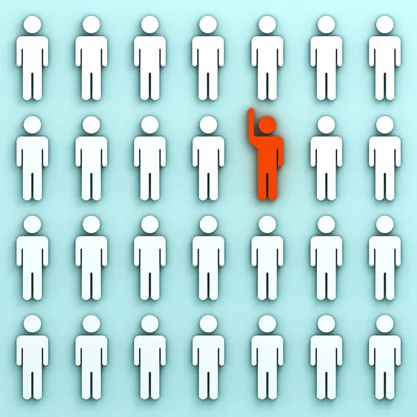 Stand out from the crowd and different creative idea concepts , One red man raising his hand among other white people on green pastel color background with shadows . 3D render — Stock Photo, Image