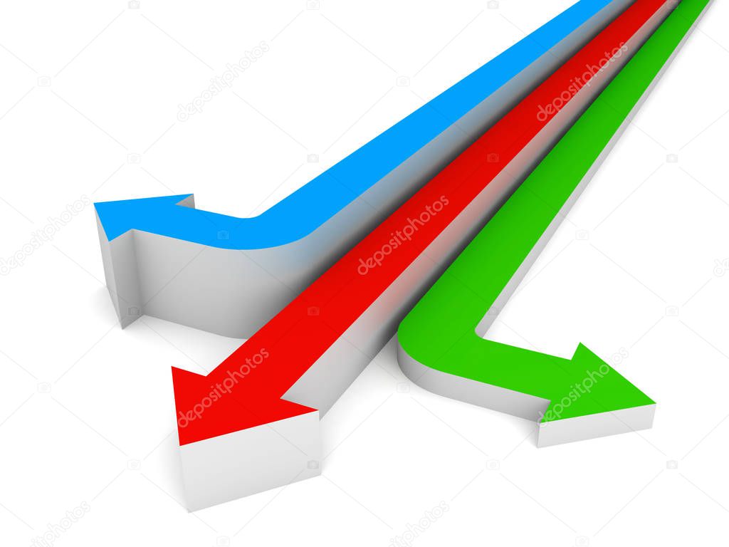 Three red blue green arrows showing three different directions isolated over white background with shadow . 3D render