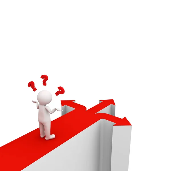 3D man denken en verwarrend met drie rode pijlen tonen drie verschillende richtingen af die weg te gaan over de witte achtergrond. 3D render — Stockfoto