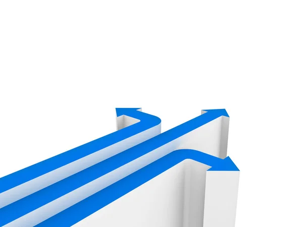 Drei blaue Pfeile, die drei verschiedene Richtungen zeigen, isoliert auf weißem Hintergrund mit Leerzeichen. 3D-Darstellung — Stockfoto