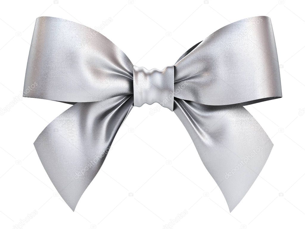 Silver gift ribbon bow isolated on white background . 3D render