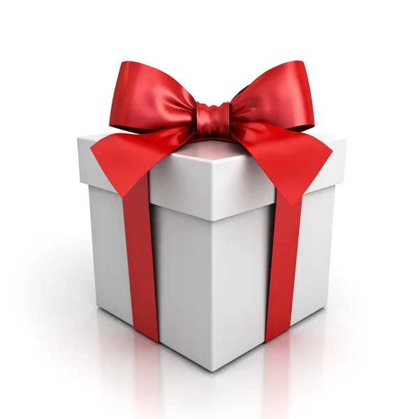 Gift box or present box with red ribbon bow isolated on white background with shadow and reflection . 3D render — Stock Photo, Image