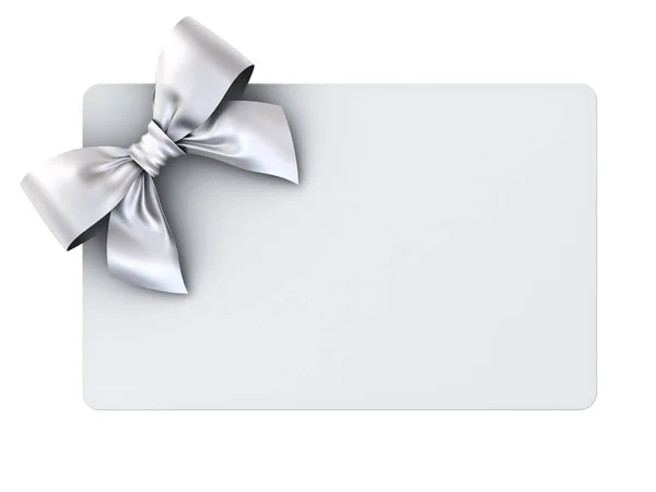 Tarjeta de regalo en blanco con lazo de cinta de plata aislado sobre fondo blanco. Renderizado 3D — Foto de Stock