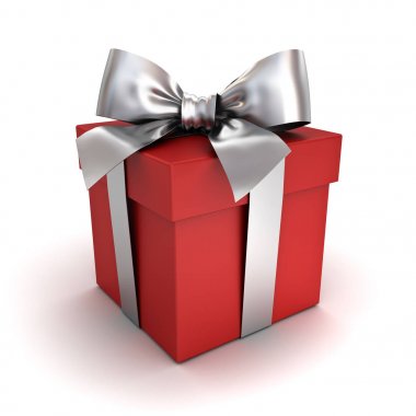 Hediye kutusu veya kırmızı mevcut kutu gümüş şerit yay izole üzerinde beyaz arka plan gölge ile. 3D render