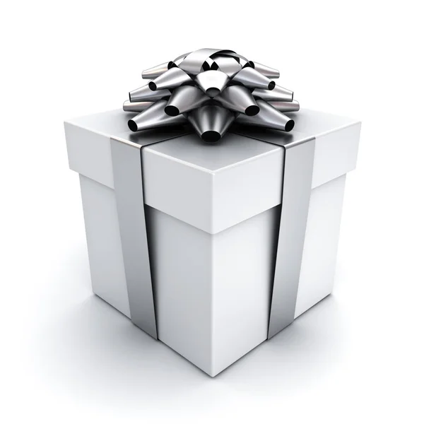 Caja regalo o caja regalo con lazo de cinta plateada aislado sobre fondo blanco con sombra. Renderizado 3D —  Fotos de Stock