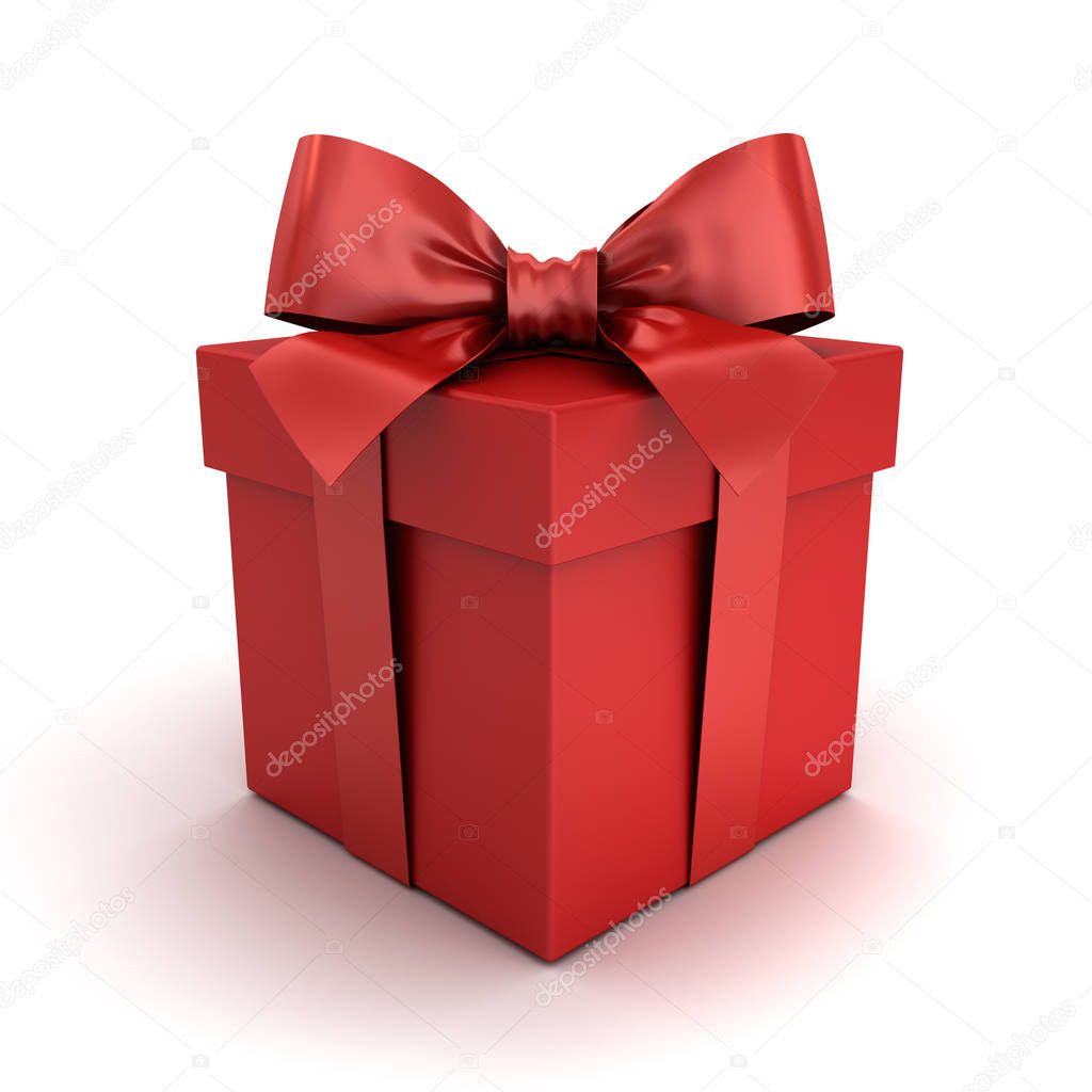 Red gift box or red present box with red ribbon bow isolated on white background with shadow and reflection . 3D render
