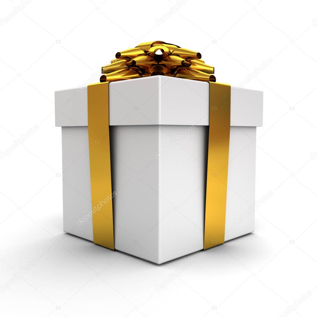 Gift box , Present box with gold ribbon bow isolated on white background with shadow . 3D render