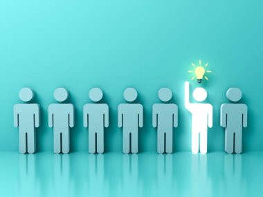 Kalabalık ve farklı kavram, bir parlak ışık adam eliyle yansımaları ile açık yeşil pastel renk arka plan üzerinde diğer insanlar arasında fikir ampul yükselterek göze çarpıyor. 3D render