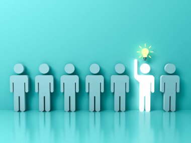 Stand out from the crowd and different concept , One glowing light man raising his hand with idea bulb among other people on light green pastel color background with reflections . 3D render clipart