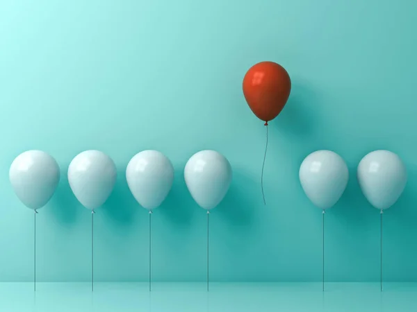 Stand out from the crowd and different concept , One red balloon flying away from other white balloons on light green pastel color wall background with window reflections and shadows . 3D render — Stock Photo, Image
