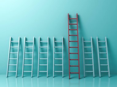 Kalabalık ve farklı yaratıcı fikir kavramlar, diğer kısa beyaz merdivenler açık yeşil pastel renk arka plan üzerinde arasında en uzun kırmızı merdiveni öne 