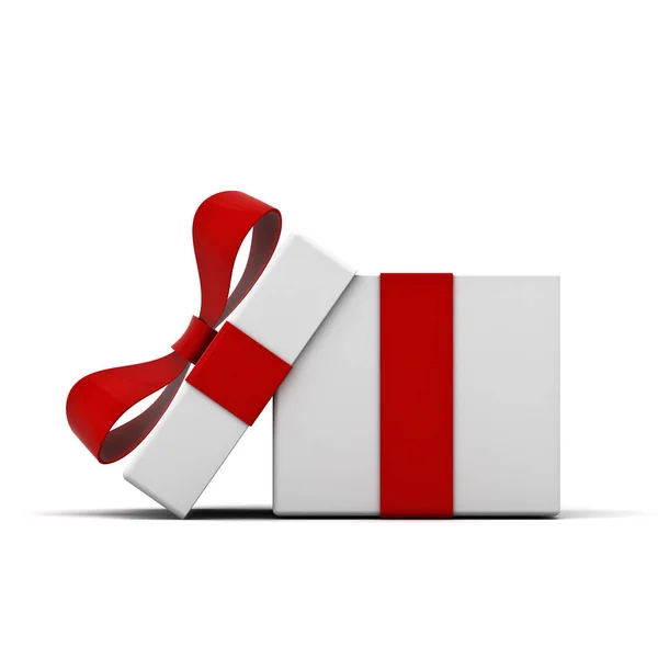 Caja de regalo abierta y caja de regalo con lazo de cinta roja aislada sobre fondo blanco con sombra — Foto de Stock