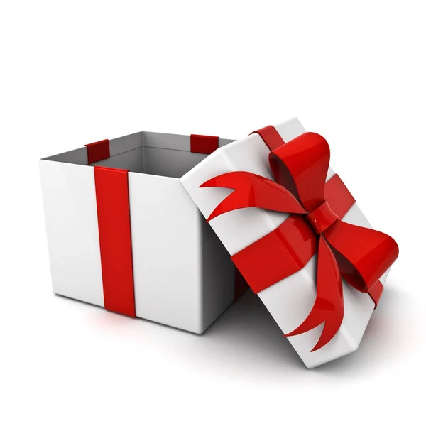 Scatola regalo aperta e scatola regalo con fiocco a nastro rosso isolato su sfondo bianco con ombra — Foto Stock