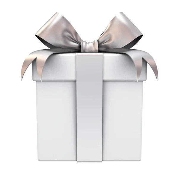 Caja de regalo o caja de regalo con lazo de cinta de plata aislado sobre fondo blanco —  Fotos de Stock