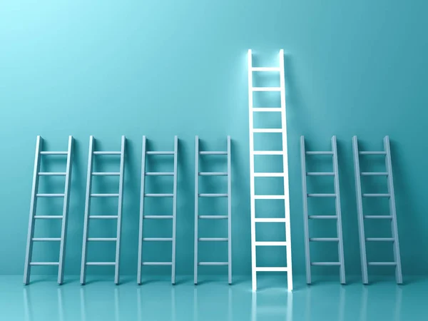 Stand out from the crowd and different creative idea concepts , The longest light ladder glowing among other short ladders on light green pastel color background with shadows — Stock Photo, Image